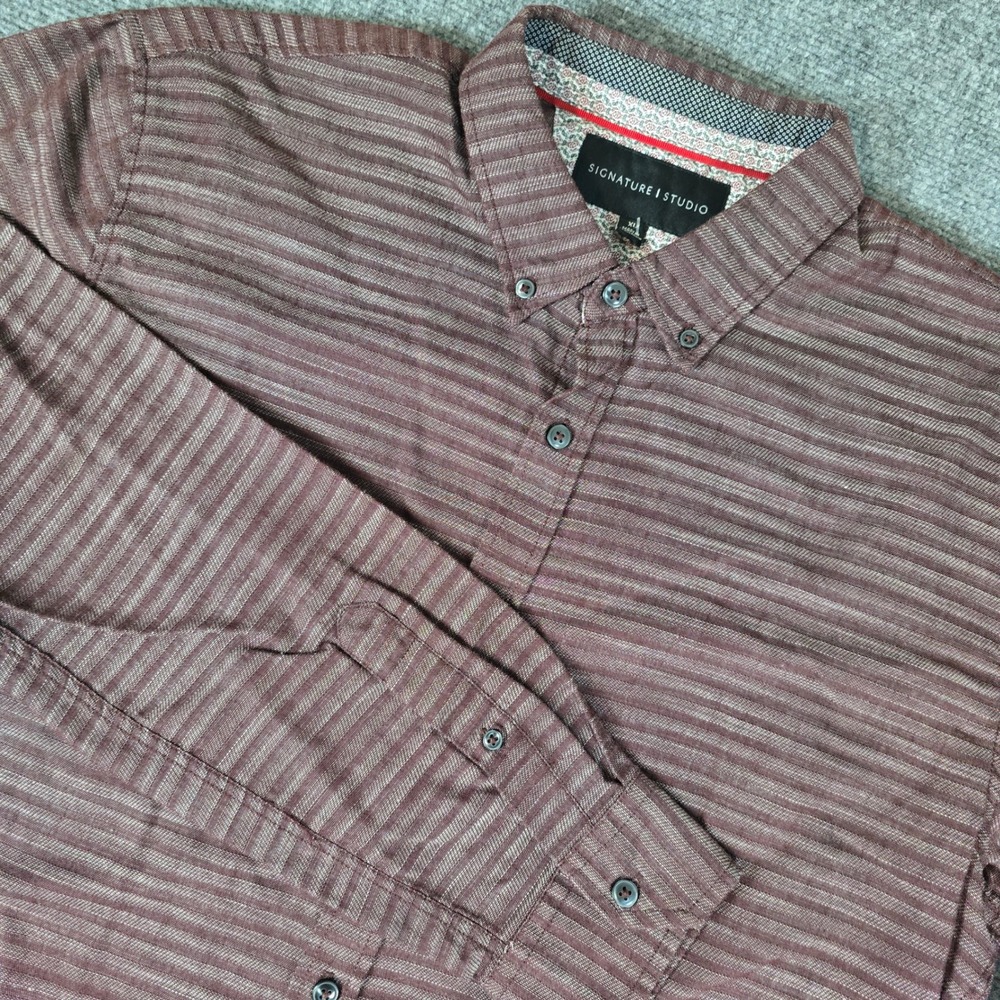 Signature Studio Men's Burgundy Stripe Button Down Long‎ Sleeve Shirt XL